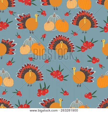 Thanksgiving Pumpkins Cranberries Turkey Green Red Orange. Great For Invitations, Fabric, Giftwrap, 