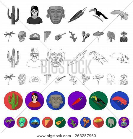 Country Mexico Flat Icons In Set Collection For Design. Mexico And Landmark Vector Symbol Stock Web 