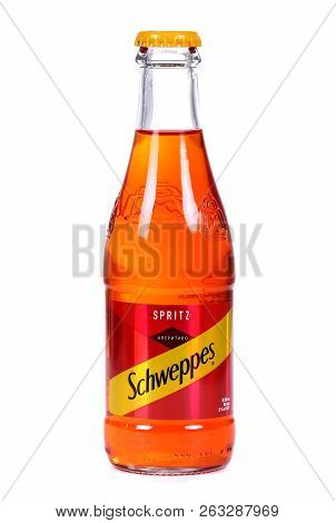 Novyy Urengoy, Russia - October 14, 2018: Glass Bottle Of The Schweppes Spritz Aperitivo Isolated Ov