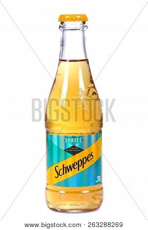 Novyy Urengoy, Russia - October 14, 2018: Glass Bottle Of The Schweppes Spritz Jazzy Ginger Isolated