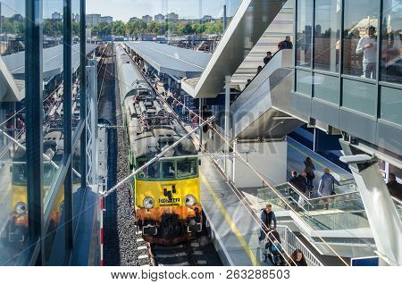Szczecin, West Pomeranian / Poland - 2018: Passengers Of Express Intercity Train Get Off To The Trai