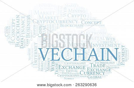 Vechain Cryptocurrency Coin Word Cloud. Word Cloud Made With Text Only.