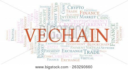 Vechain Cryptocurrency Coin Word Cloud. Word Cloud Made With Text Only.