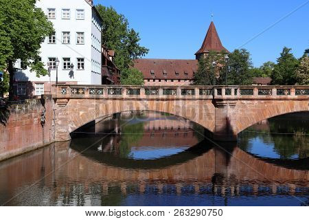 Nuremberg City, Germany - River Pegnitz And Maxbrucke Bridge.