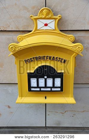 Dresden, Germany - May 10, 2018: Deutsche Post (german Post) Mailbox In Dresden. Deutsche Post Deliv