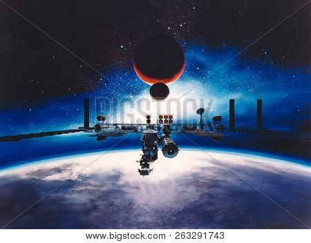 Space Station In The Orbit. Planet Earth And Its Satellite Moon From Outer Space. Planets Of Solar S