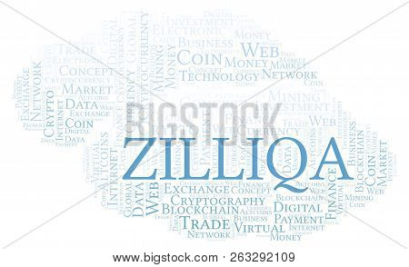 Zilliqa Cryptocurrency Coin Word Cloud. Word Cloud Made With Text Only.