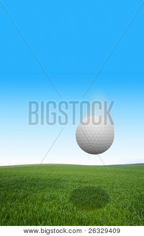 Una pelota de golf volando sobre hierba.