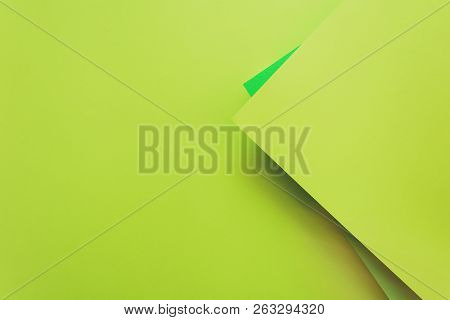 Green And Lime Pastel Color Papered Background. Volume Geometric Flat Lay. Top View. Copy Space. Ton