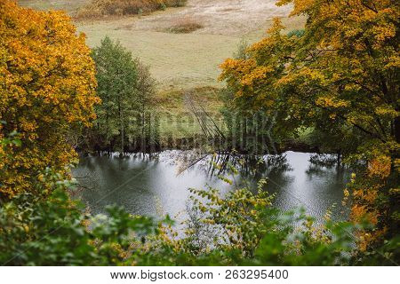 Autumn Landscape. Colourful Autumn Trees With Yellow Leaves In Ukrainian Park. The Picturesque Bank 