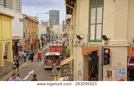 Singapore, Singapore- August 09, 2018: View Of Upper Dickson Rd. On The Street Pedestrians And Cars