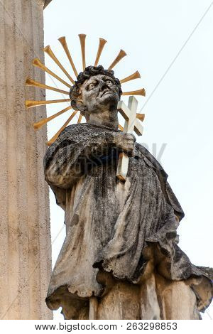 Baroque Statues Of Saints. Detail Of Baroque Plague Column In The Town Of Valtice In Southern Moravi