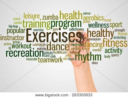Exercises Word Cloud And Hand With Marker Concept