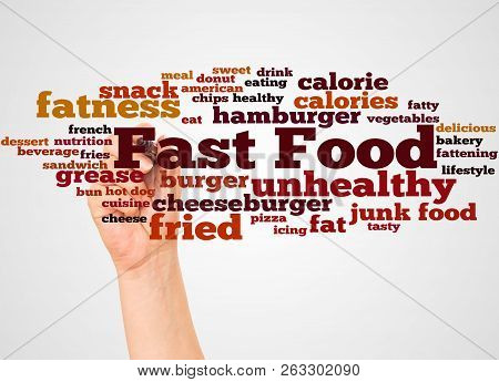 Fast Food Word Cloud And Hand With Marker Concept