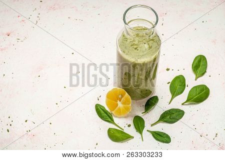 Fruit Green Smoothie With Spinac And Lemon, Copy Space