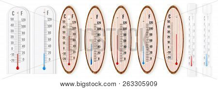 Vector Set Of Realistic Liquid Thermometers With Celsius And Fah