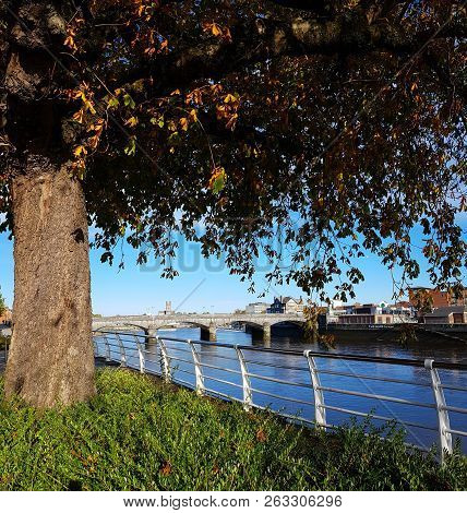 Limerick City Skyline Ireland. Beautiful Limerick Urban Cityscape Over The River Shannon On A Sunny