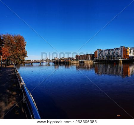 Limerick City Skyline Ireland. Beautiful Limerick Urban Cityscape Over The River Shannon On A Sunny
