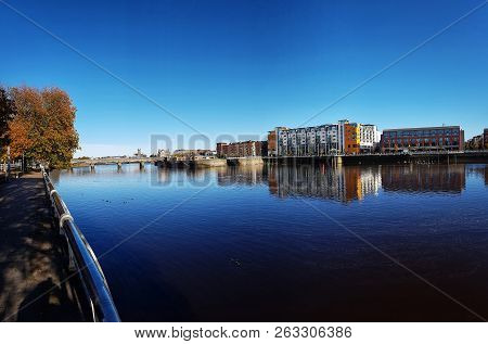 Limerick City Skyline Ireland. Beautiful Limerick Urban Cityscape Over The River Shannon On A Sunny