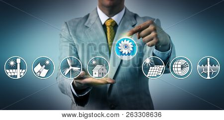 Corporate Manager Selecting Hydropower In A Lineup Of Renewable Energy Resources. Industry And Techn