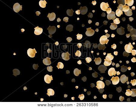 Gold Seashells Vector, Golden Pearl Bivalved Mollusks. Ocean Scallop, Bivalve Pearl Shell, Marine Mo