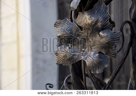 Iron Leaves Of Grape On The Fence. Metal Skulpture, Street Design