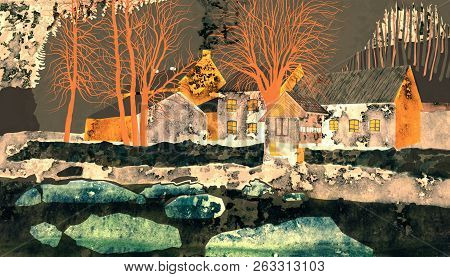 Old Mill On The River Oslava. Rural Landscape Illustration.