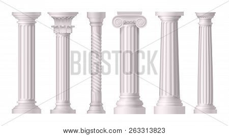 Antique White Columns Realistic Icon Set With Different Styles Of Greek Architecrure Vector Illustra