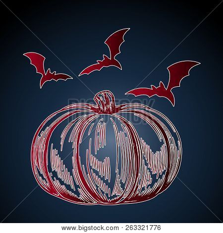 Creative Halloween Card - Red Pumpkin And Bats Close-up. The Idea For Stickers