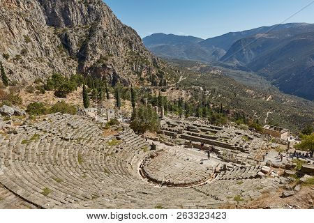 Delphi, Phocis / Greece. Ancient Theater Of Delphi. The Theater, With A Total Capacity Of 5,000 Spec