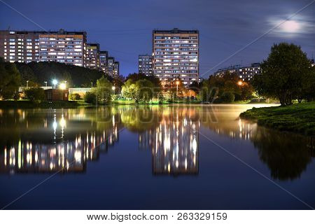 Moscow, Russia. 09.23.2018. Night City On The Lake In Moscow. Perovsky Park