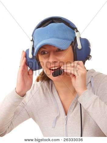 Kaunis nainen pilot Headset käytetään ilma eristetty valkoisella taustalla. Samankaltaisia kuulokkeet