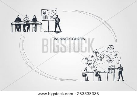 Training Courses - Students Listening To Presentation And Sitting In Classrom Vector Concept Set. Ha
