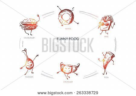 Funny Food - Hamburger, Nuggets, Croissant, Pizza, Fries, Fritter Vector Concept Set. Hand Drawn Ske
