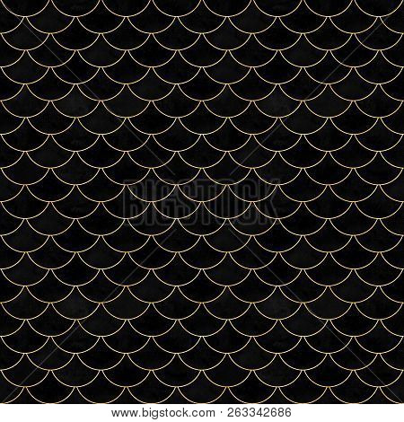 Mermaid Fish Scale Black Velvet Wave Japanese Luxury Seamless Pattern. Watercolor Hand Drawn Velour 