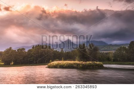 Strba Lake Under The  Peaks Of High Tatras Mountains At Sunset