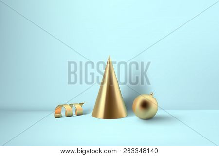 Abstract Glossy Christmas Decprations. Golden Coil Metallic Spiral Ribbon, Cone And Sphere Geometric