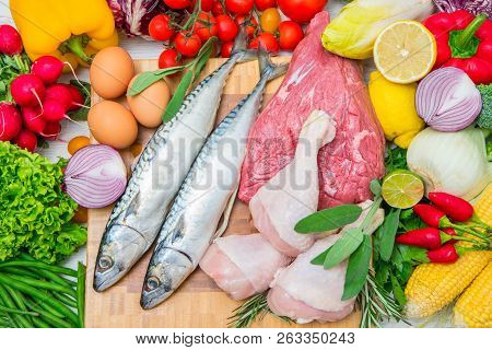 A Mediterranean Diet With Fish,meat And Vegetables