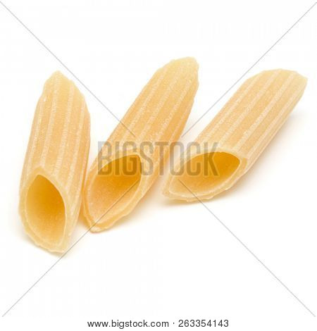 Italian pasta isolated on white background. Pennoni. Penne rigate.