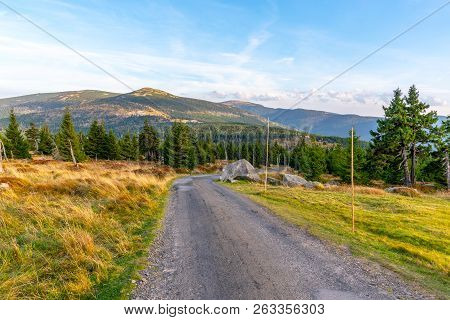 Tourist Road In The Middle Of Mountain Landscape, Giant Mountains, Krkonose, Czech Republic