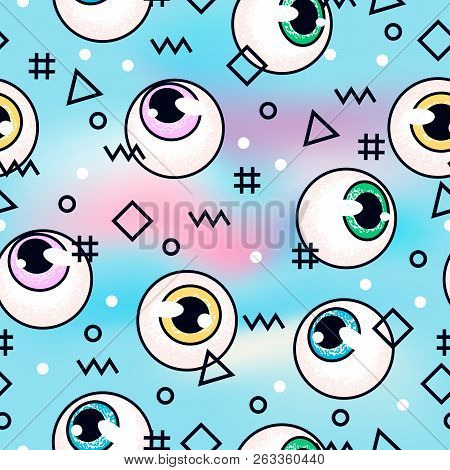 Eyeballs. Fashion Pattern. Eyes On A Blue Background. Memphis Seamless Pattern
