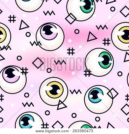 Eyeballs. Fashion Pattern. Eyes On A Pink  Background. Memphis Seamless Pattern
