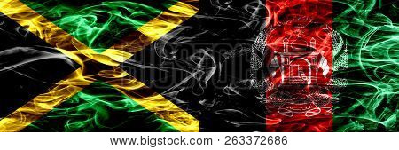 Jamaica Vs Afghanistan, Afghani Smoke Flags Placed Side By Side. Thick Colored Silky Smoke Flags Of 