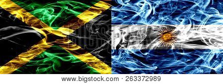 Jamaica Vs Argentina, Argentinian Smoke Flags Placed Side By Side. Thick Colored Silky Smoke Flags O