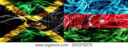 Jamaica Vs Azerbaijan, Azerbaijani Smoke Flags Placed Side By Side. Thick Colored Silky Smoke Flags 