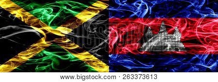 Jamaica Vs Cambodia, Cambodian Smoke Flags Placed Side By Side. Thick Colored Silky Smoke Flags Of J