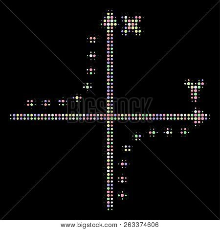 Dotted Hyperbola Plot Collage Of Round Dots In Soft Color Tints On A Black Background. Vector Round 