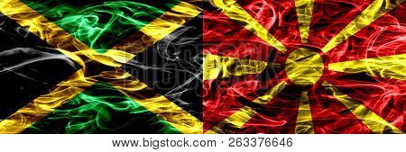 Jamaica Vs Macedonia, Macedonian Smoke Flags Placed Side By Side. Thick Colored Silky Smoke Flags Of