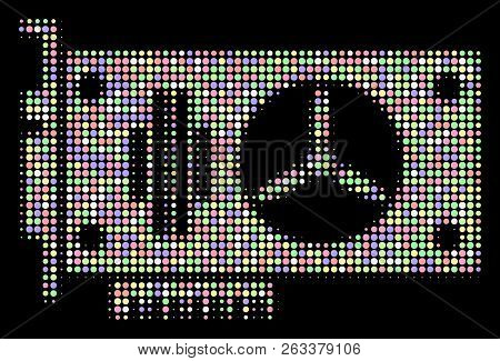 Videocard Composition Of Filled Circles In Bright Shades On A Black Background. Vector Dots Are Orga