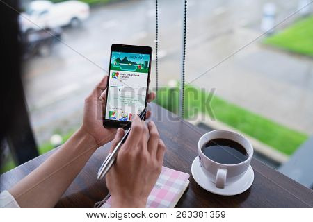 Chiang Mai, Thailand - August 18,2018: Man Holding Huawei With Google Maps On The Screen.google Maps